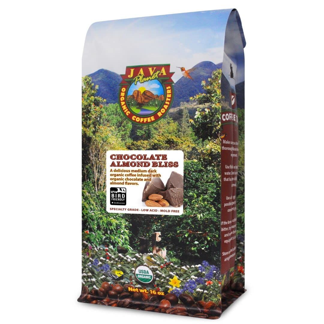 Java Planet - Chocolate and Almond Organic Coffee Beans infused with Organic Flavoring, Fair Trade, Medium Dark Roast, Arabica Gourmet Coffee Grade A, packaged in 1 LB bag