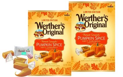 Werthers Original Soft Harvest Pumpkin Spice Caramel Candy Two 2.22 OZ Bags Halloween Trick Treat Deco Holiday Basket Stuffer Birthday Party Favor Bundled with a Soko Smiles Thank You Mint.