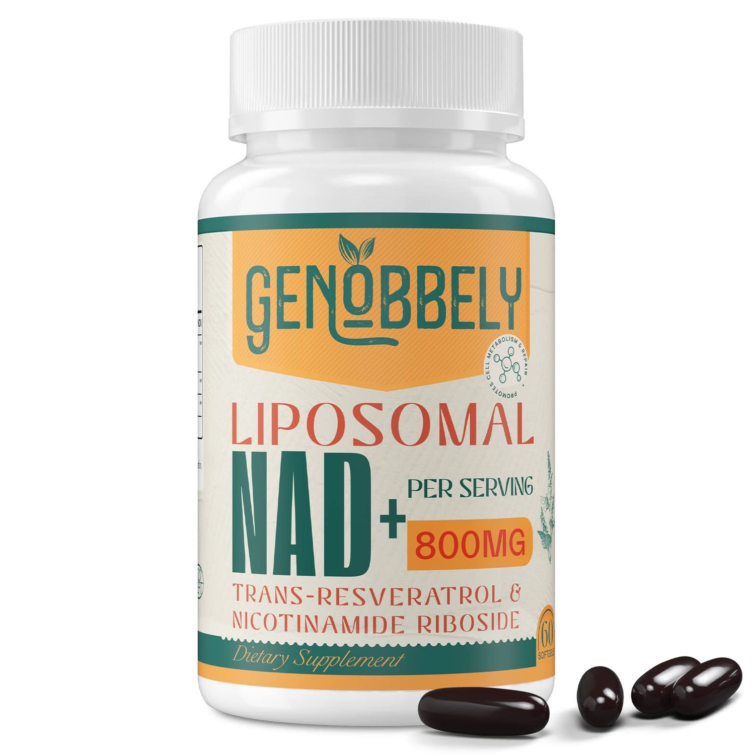 GENOBBELY 800 mg Liposomal NAD Supplement with Nicotinamide Riboside 200 mg, Trans-Resveratrol 100 mg - True NAD Supplement for DNA Repair, Healthy Aging, Brain Function - 60-Day Supply