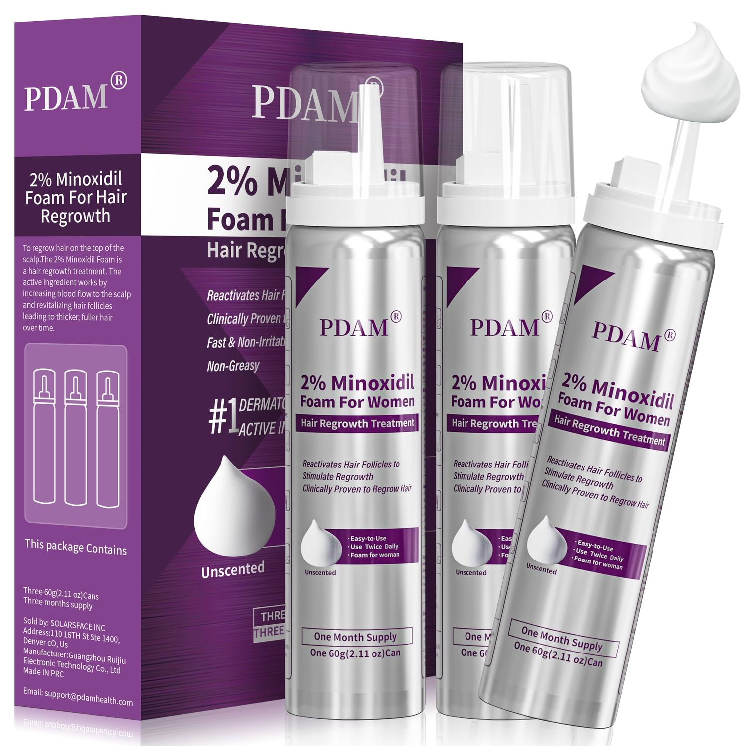 Minoxidil for Women Foam Hair Growth - Minoxidil Hair Regrowth Treatment for Women, Topical Solution Hair Loss Treatments, Thicker and Fuller Hair, 3-Month Supply, 3 x 2.11 oz