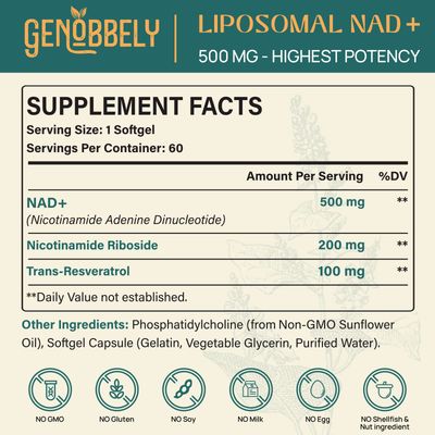 GENOBBELY 800 mg Liposomal NAD Supplement with Nicotinamide Riboside 200 mg, Trans-Resveratrol 100 mg - True NAD Supplement for DNA Repair, Healthy Aging, Brain Function - 60-Day Supply