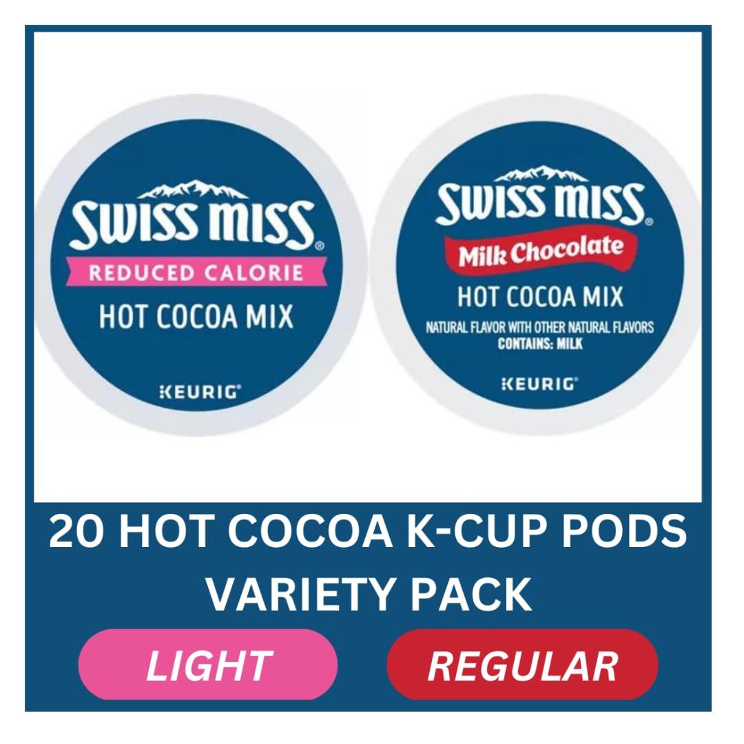 Swiss Miss Hot Cocoa K-Cups Variety Sampler Pods.Includes Milk Chocolate Hot Cocoa Reduced Calorie Light Hot Cocoa, for Keurig Brewers 20 Count