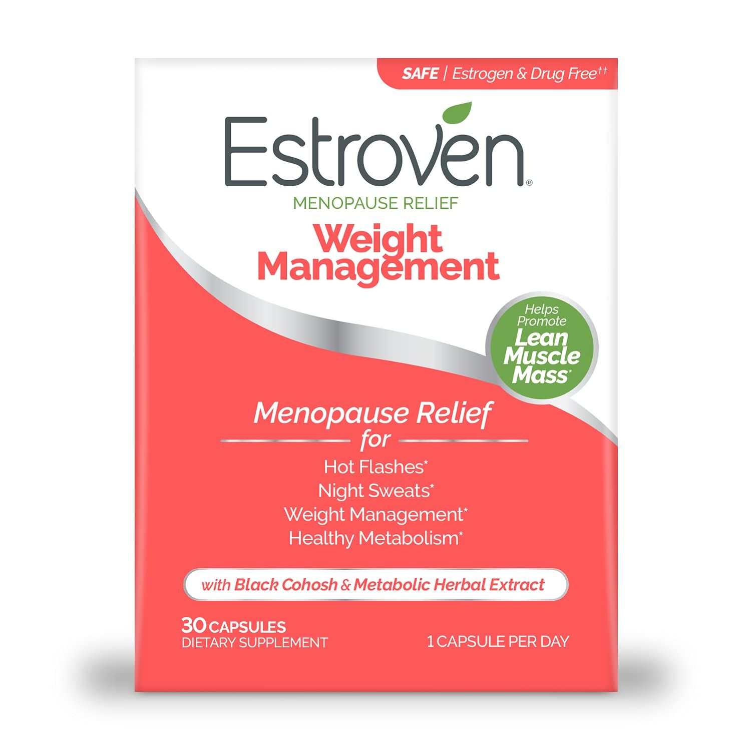 Estroven Weight Management for Menopause Relief - 30 Ct. - Clinically Proven Ingredients Help Manage Weight, Provide Night Sweats Hot Flash Relief - Drug-Free Gluten-Free Caplets