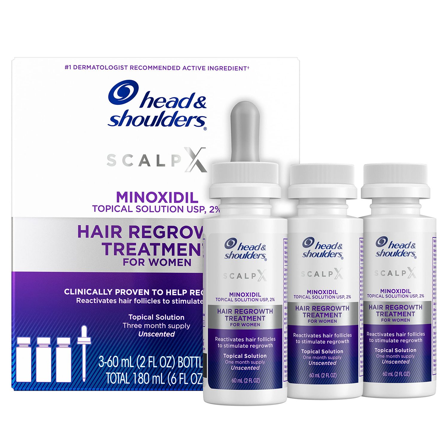 Head Shoulders Scalp X 2 Minoxidil for Women, Hair Regrowth Treatment for Thinning Hair and Hair Loss, Topical Solution, 3 Month Supply, 2 Fl Oz Each, Pack of 3