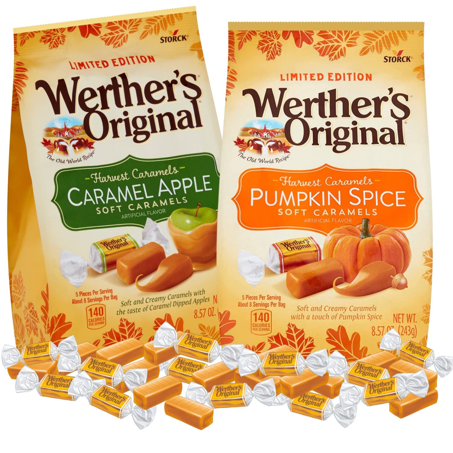 Sweetzo - Pumpkin Spice and Caramel Apple Original Soft Caramels, Individually Wrapped Sharable Fall Flavored Candies, 8.57 ounce Bags, Pack of 2