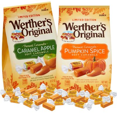 Sweetzo - Pumpkin Spice and Caramel Apple Original Soft Caramels, Individually Wrapped Sharable Fall Flavored Candies, 8.57 ounce Bags, Pack of 2
