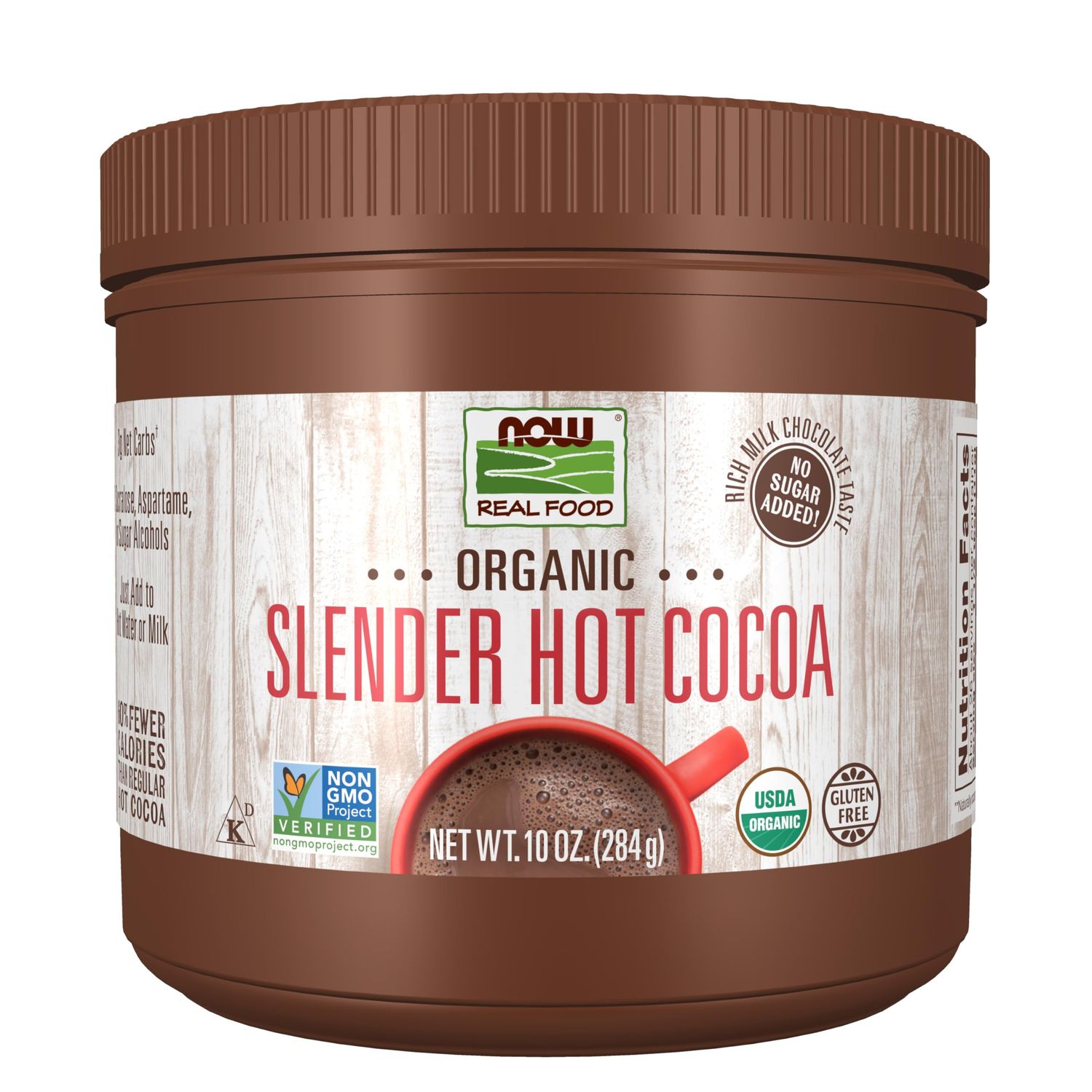 NOW Foods, Organic Cocoa Lovers Slender Hot Cocoa, No Sugar Added, Certified Non-GMO, Kosher, 10-Ounce