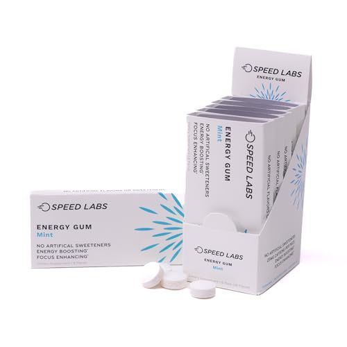Speed Labs Mint Natural Caffeine Energy Gum 25mg Caffeine, Taurine, B Vitamins Per Piece, 48 Pieces 6 Packs of 8 Sugar Free, Zero Calories, Naturally Sweetened, Gluten Free