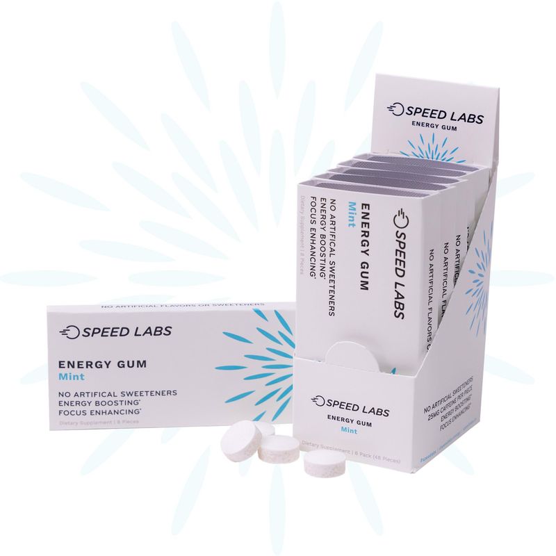 Speed Labs Mint Natural Caffeine Energy Gum 25mg Caffeine, Taurine, B Vitamins Per Piece, 48 Pieces 6 Packs of 8 Sugar Free, Zero Calories, Naturally Sweetened, Gluten Free