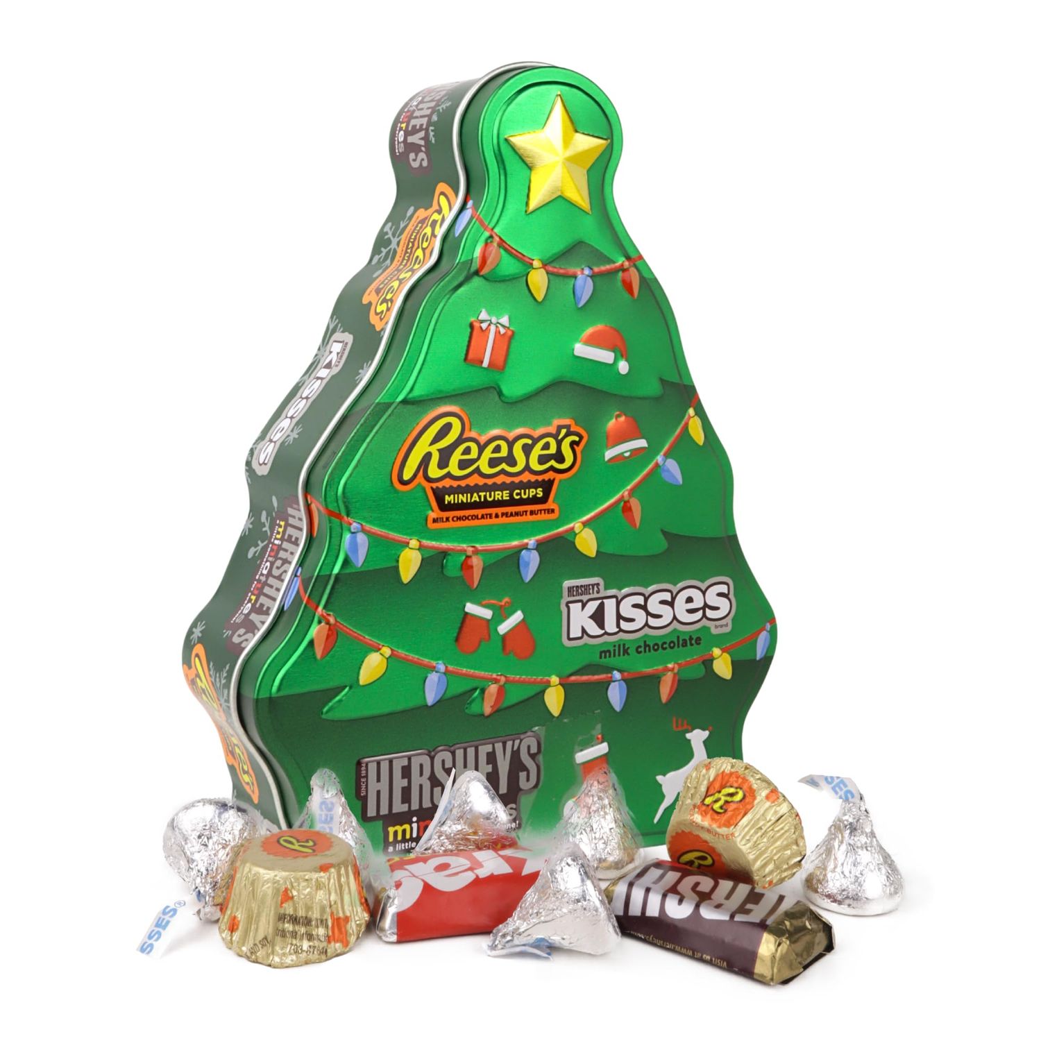 Galerie Christmas Stocking Stuffer Candy Gift, Tree Tin Filled with Assorted Chocolates, Reeses, Kisses, and Miniatures, 2.1 Ounces