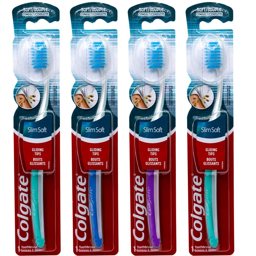 Colgate Slim Soft Toothbrush, Gliding Tips, Compact Soft Colors Vary - Pack of 4