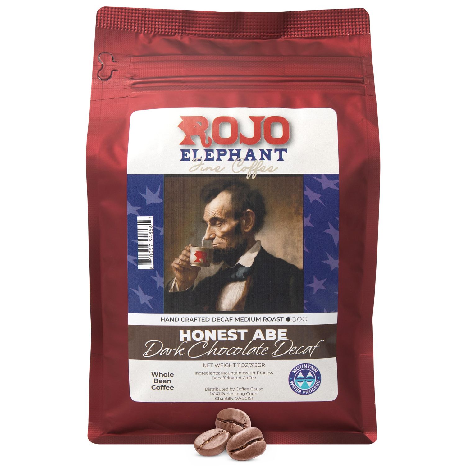Rojo Elephant Honest Abe Dark Chocolate Flavored Handcrafted Decaf Whole Bean Coffee, Single-Origin 100 Arabica Beans, Swiss Water, Mountain Water Process, Decaffeinated, 11 0z Pack