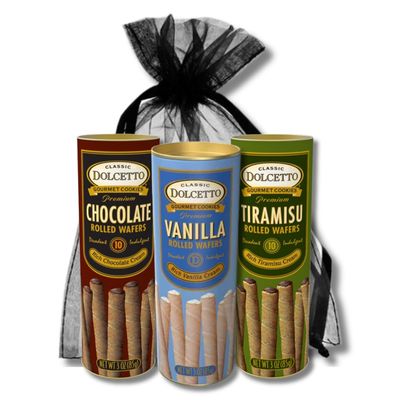 Dolcetto Gourmet Rolled Wafer Cookies - Chocolate, Vanilla &amp; Tiramisu - Gift Pack of 3, 3 oz. Canisters (One Each) By Lyza&#39;s Sweets &amp; Treats