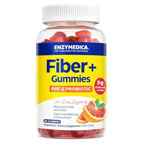 Enzymedica Fiber Gummies with Prebiotics Probiotics for Daily Regularity, Vegetarian, 5g Fiber, Natural Chewable Digestive Health Supplement, Kids Adult Women Men, Blood Orange Flavor, 90 ct