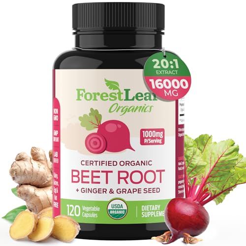 ForestLeaf Organic Beet Root Capsules - with Ginger Grape Seed 16000mg Strength 20:1 Extract, Supports Nitric Oxide Production, Beets Supplements with Organic Non-GMO Beetroot Powder 120 Veggie Caps