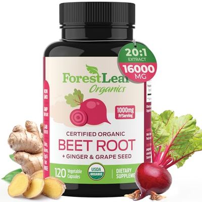 ForestLeaf Organic Beet Root Capsules - with Ginger Grape Seed 16000mg Strength 20:1 Extract, Supports Nitric Oxide Production, Beets Supplements with Organic Non-GMO Beetroot Powder 120 Veggie Caps