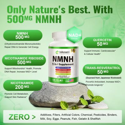 5-in-1 NMNH Dihydronicotinamide Mononucleotide, NMN Alternative Supplement wNiacinamide Vitamin B3, Quercetin, Trans-Resveratrol, Support NAD, Skin Cell Health, Anti-Aging Energy, 120 Caps