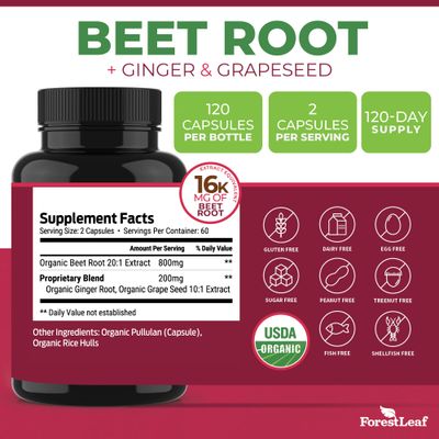 ForestLeaf Organic Beet Root Capsules - with Ginger Grape Seed 16000mg Strength 20:1 Extract, Supports Nitric Oxide Production, Beets Supplements with Organic Non-GMO Beetroot Powder 120 Veggie Caps