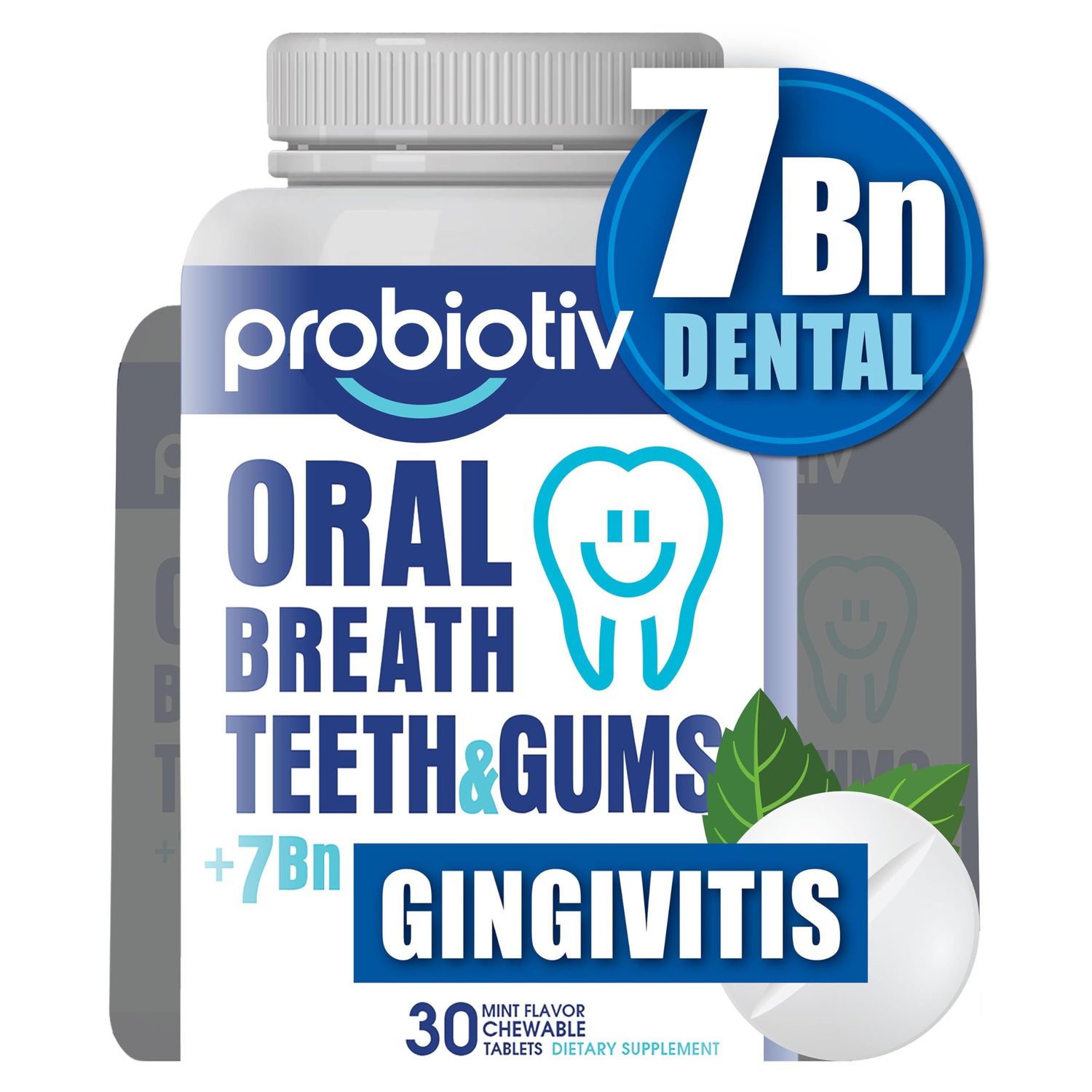 Probiotiv Oral Probiotics for Mouth Bad Breath 7 Billion CFU - Chewable Dental Probiotics for Teeth and Gums, Fresh Breath Freshener, Combats Dry Mouth, Halitosis, Tonsil Stone Gingivitis for Adults