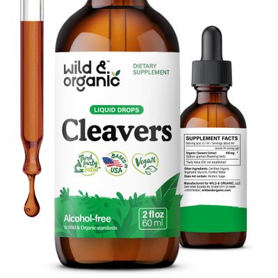 Wild Organic Cleavers Tincture - Natural Detox Drops with Cleavers Leaf - Galium Aparine Herb Extract Supplement - Vegan, Sugar Alcohol-Free - 2 fl oz