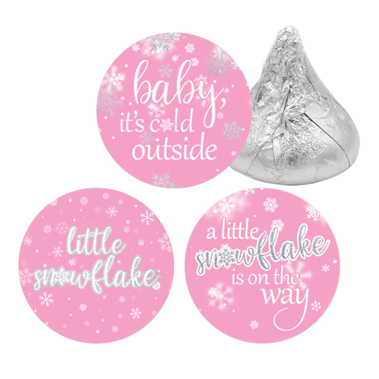 Pink Little Snowflake Winter Baby Shower Favor Stickers, Baby Its Cold Outside Chocolate Kisses Candy Stickers - 180 Count