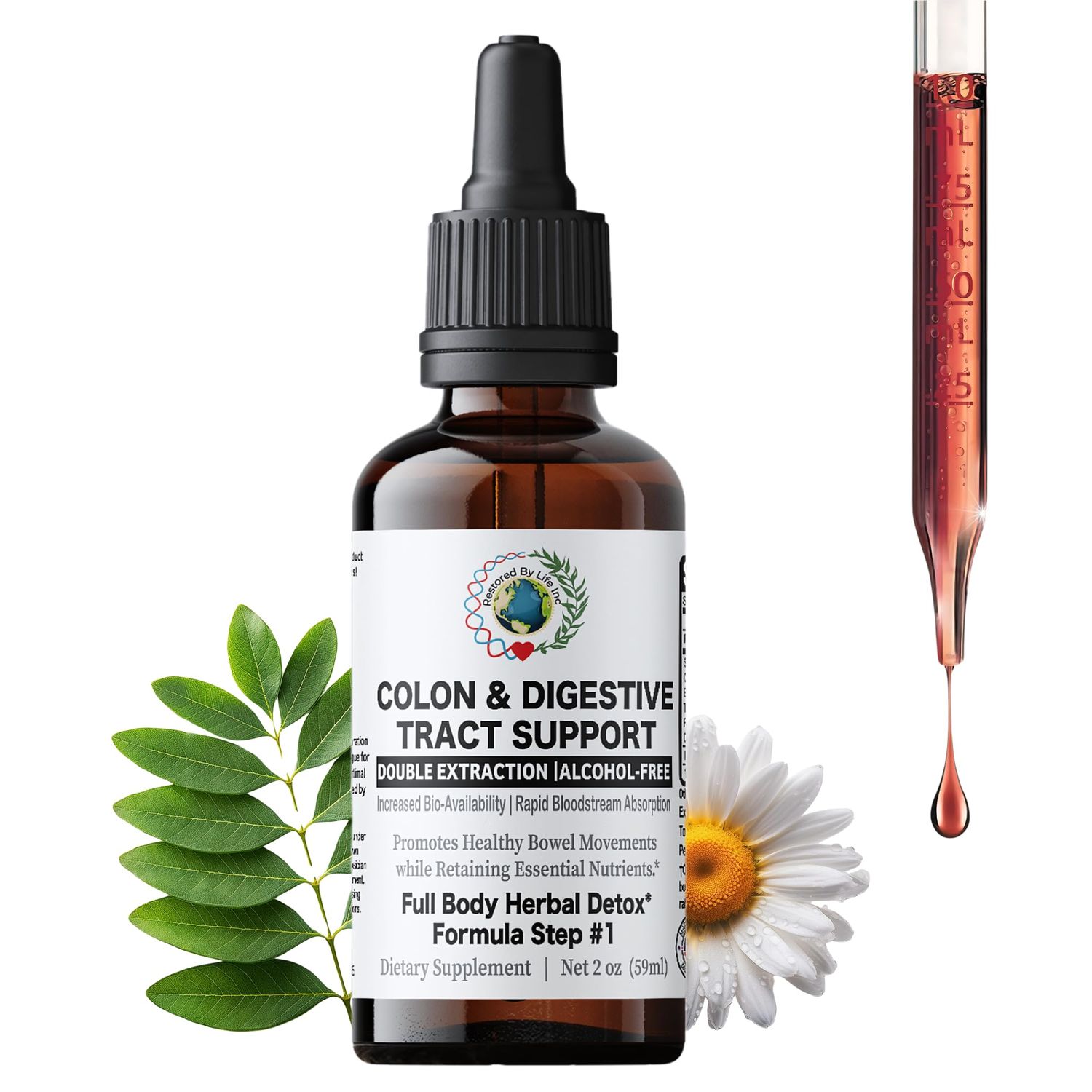 Restored By Life Colon Digestive Tract Support 2 oz. Liquid Extract Tincture Detox Cleanse Support Formula