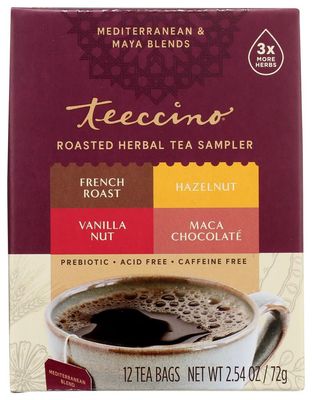 Teeccino Chicory Roasted Herbal Tea Sampler Pack French Roast, Hazelnut, Vanilla Nut and Chocolat , Caffeine Free, 12 Tea Bags Pack of 2