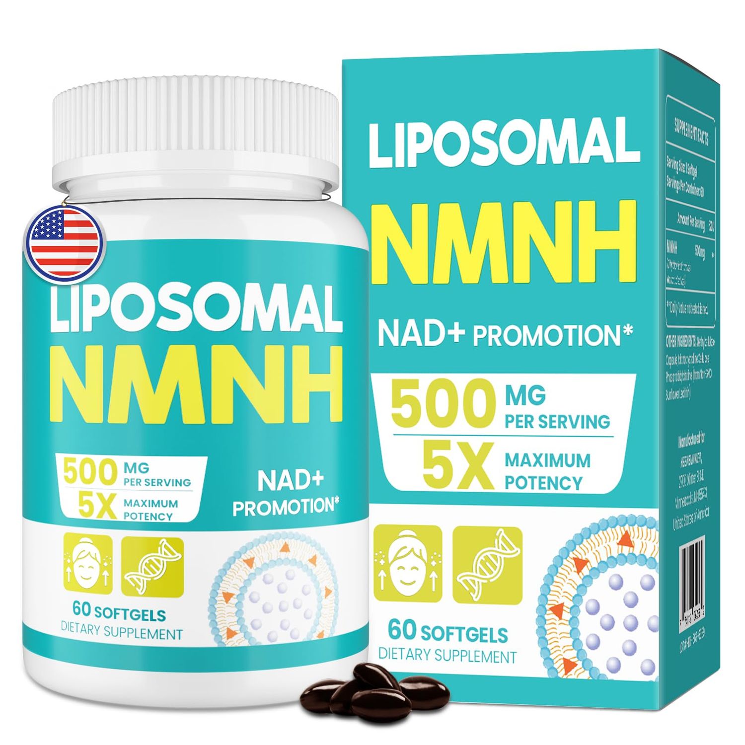 Liposomal NMNH Dihydronicotinamide Mononucleotide, NMN Supplement Alternative, to Boost NAD Levels as We Age, Max Absorption 500 mg NMNH, for Anti-Aging, Energy Focus, Vegan, Non-GMO, 60 Softgels