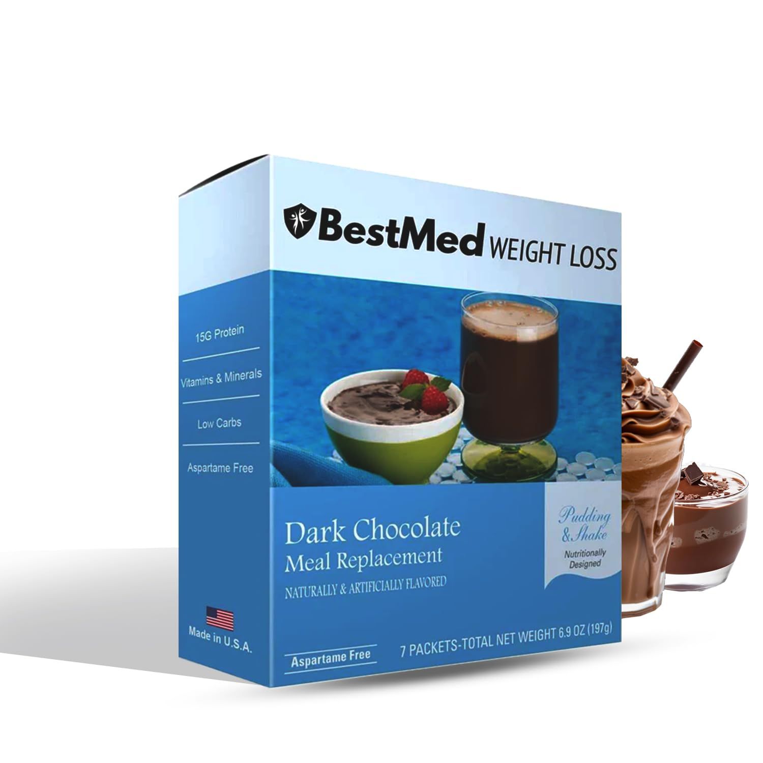 BestMed Weight Loss Dark Chocolate PuddingShake Mix - 7Box Gluten Free, KETO Friendly, Low Calorie, Low Carb, Vitamin Fortified, Meal Replacement