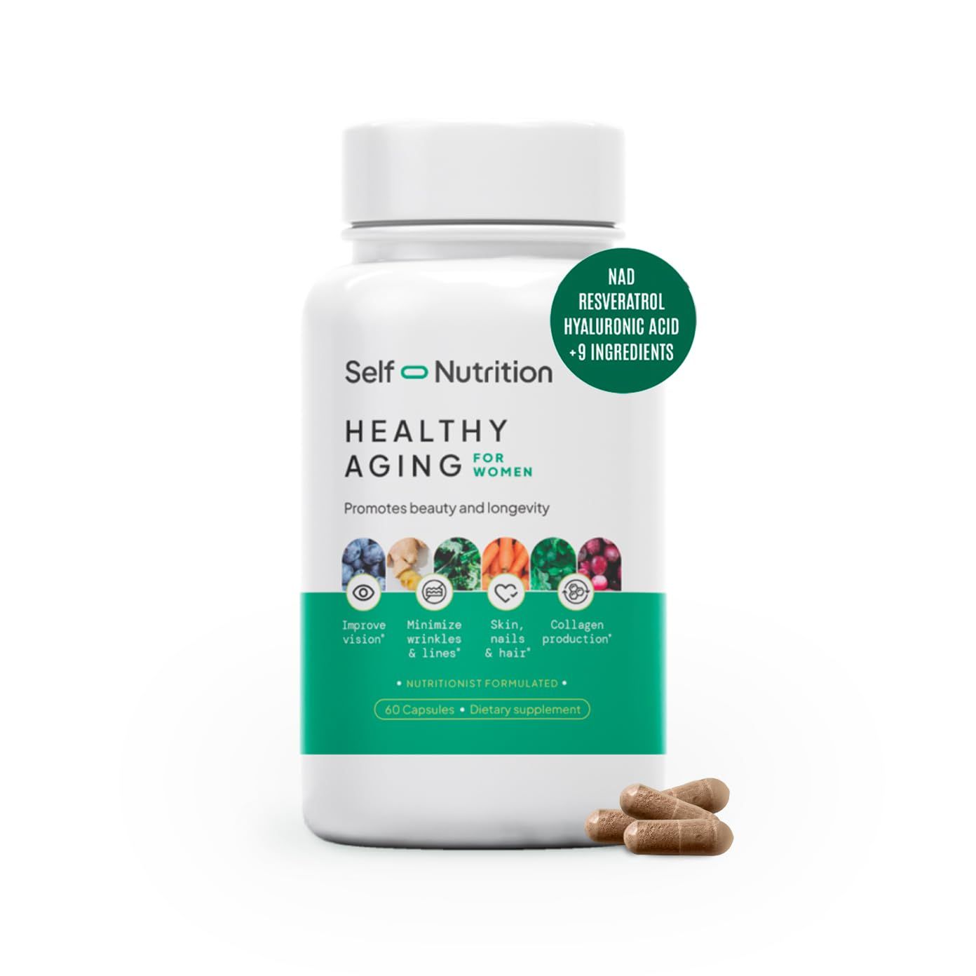 SELF NUTRITION Healthy Aging Supplement for Women with Resveratrol, NAD, Collagen Booster, Biotin and More - Beauty with 12 Ingredients - USA Made, Vegan, 60 Capsules, Nutitionist formulated.