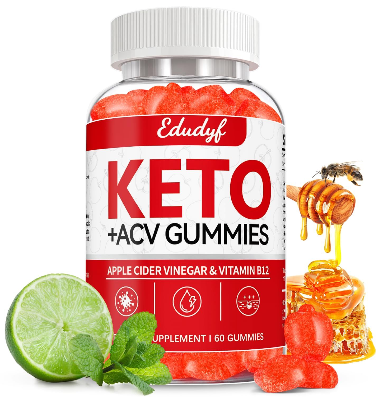 EDUDYF Keto ACV Gummies - 60 Count Gluten-Free, Gelatin-Free Apple Cider Vinegar Gummies with B12 for Keto Support, Vegetarian, Unique Flavor, Convenient Bottled Supplement for Men Women