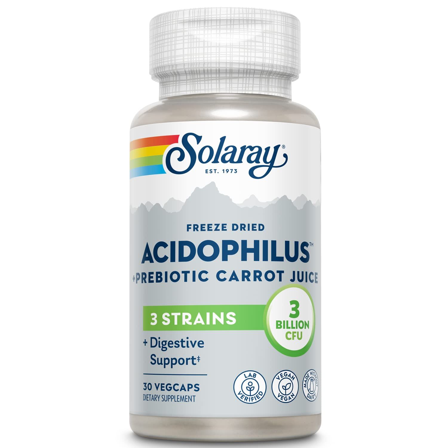 SOLARAY Acidophilus 3 Strain Probiotic Prebiotic Carrot Juice 3 Billion CFU, Vegan Freeze Dried 30 VegCaps