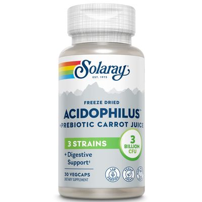 SOLARAY Acidophilus 3 Strain Probiotic Prebiotic Carrot Juice 3 Billion CFU, Vegan Freeze Dried 30 VegCaps