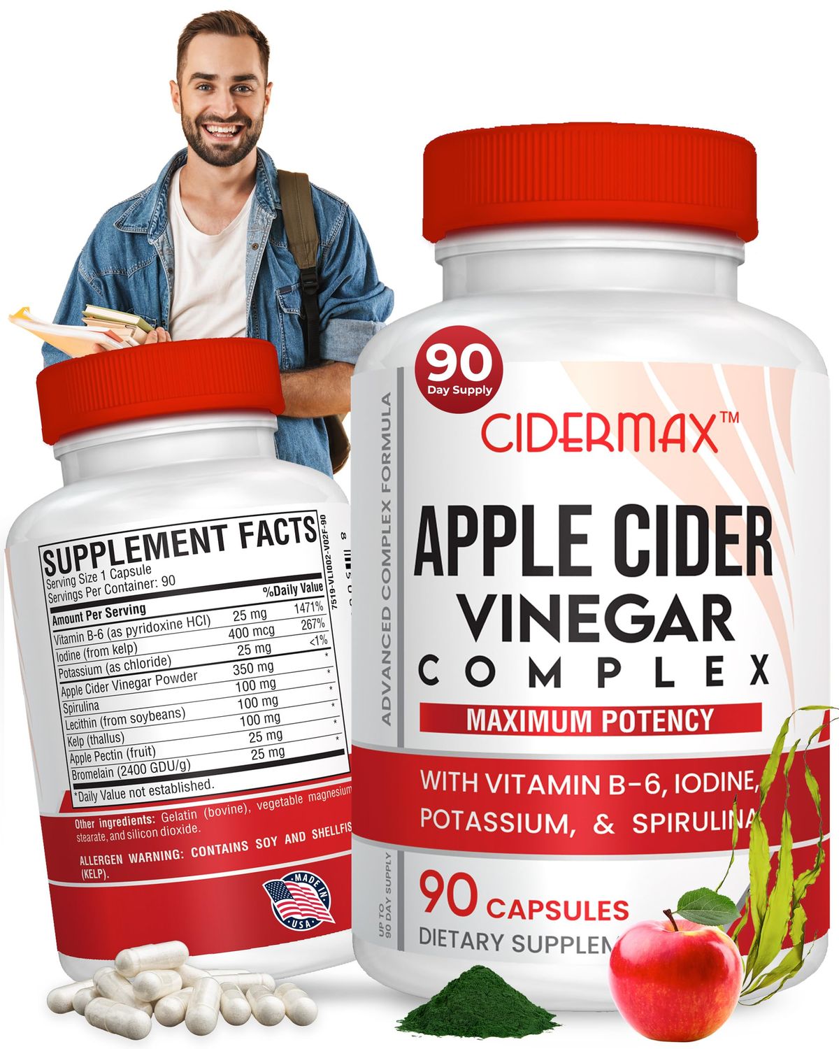 Apple Cider Vinegar Complex Capsules - 90-Day Supply Capsules for Gut Support, Balanced Weight Body Detox - All Natural Vitamin B6, Kelp, Potassium, Spirulina Supplement by Cidermax
