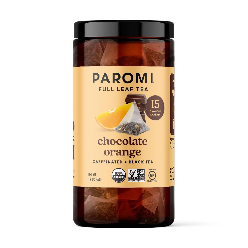 Paromi Chocolate Orange Organic Black Tea, Signature Jar, 15 Count Pack of 6