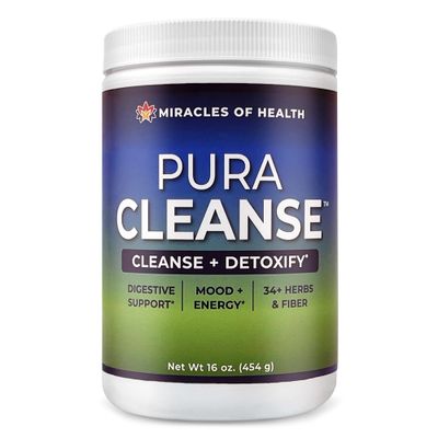 Miracles of Health Pura Cleanse - The Original Authentic Formula 100 Natural Super Herb Fiber Drink Mix for a Healthy Gut Daily Detox Cleanse for The Colon, Skin, Lungs and Kidneys 16 oz