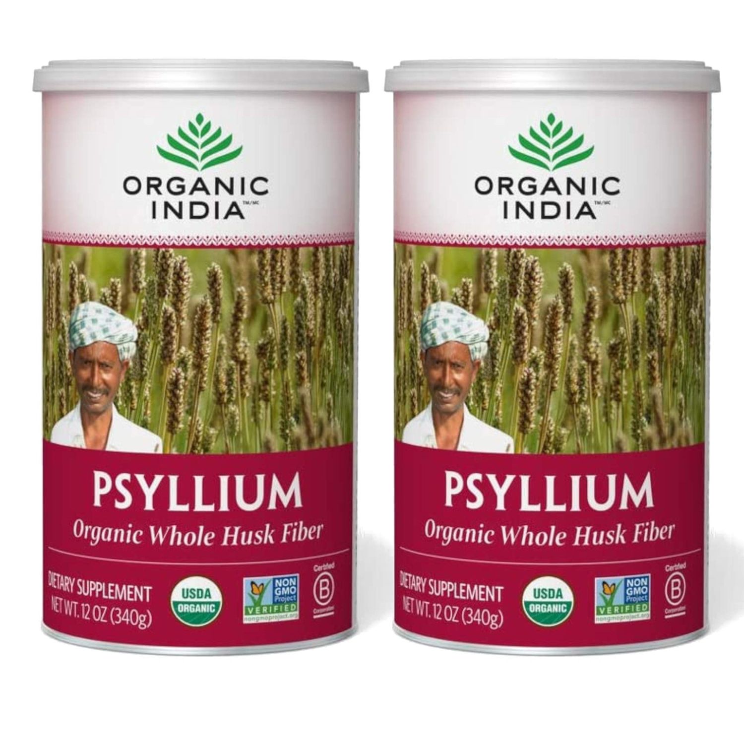 Organic India Whole Psyllium Husk Powder Organic - Psyllium Husk Fiber Supplement, Digestion Support, Vegan, Gluten-Free, Non-GMO, Soluble Insoluble Fiber Source - 12 oz Pack of 2