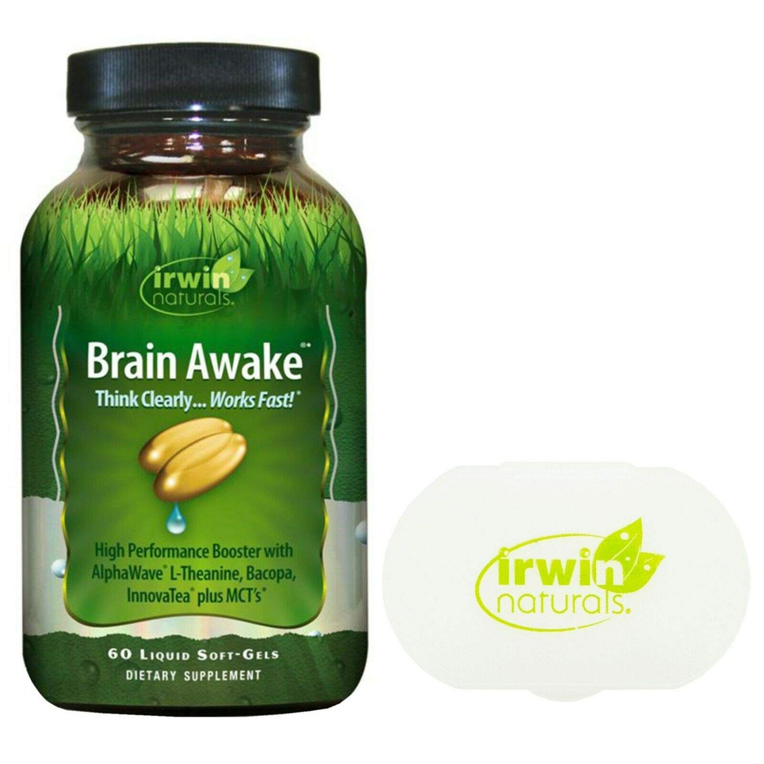 Irwin Naturals Brain Awake Enhanced Mental Performance - 60 Liquid Softgels Bundle with Pill Case - Increased Focus, Boost Clarity Concentration - Nootropic Booster with L-Theanine, Bacopa, MCTs