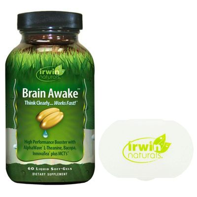 Irwin Naturals Brain Awake Enhanced Mental Performance - 60 Liquid Softgels Bundle with Pill Case - Increased Focus, Boost Clarity Concentration - Nootropic Booster with L-Theanine, Bacopa, MCTs