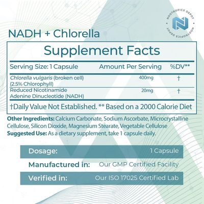 Nootropics Depot NADH Chlorella vulgaris Broken Cell 400mg Capsules Nicotinamide Adenine Dinucleotide 20mg Chlorophyll 10mg Energy, Alertness, Mental Clarity Healthy Aging, 30 Count