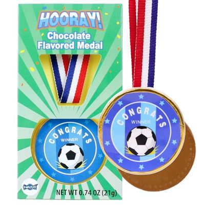 Chocolate Flavored Soccer Award Medal, Congrats Winner Medallion with Ribbon, Gift Boxed, 21 Grams