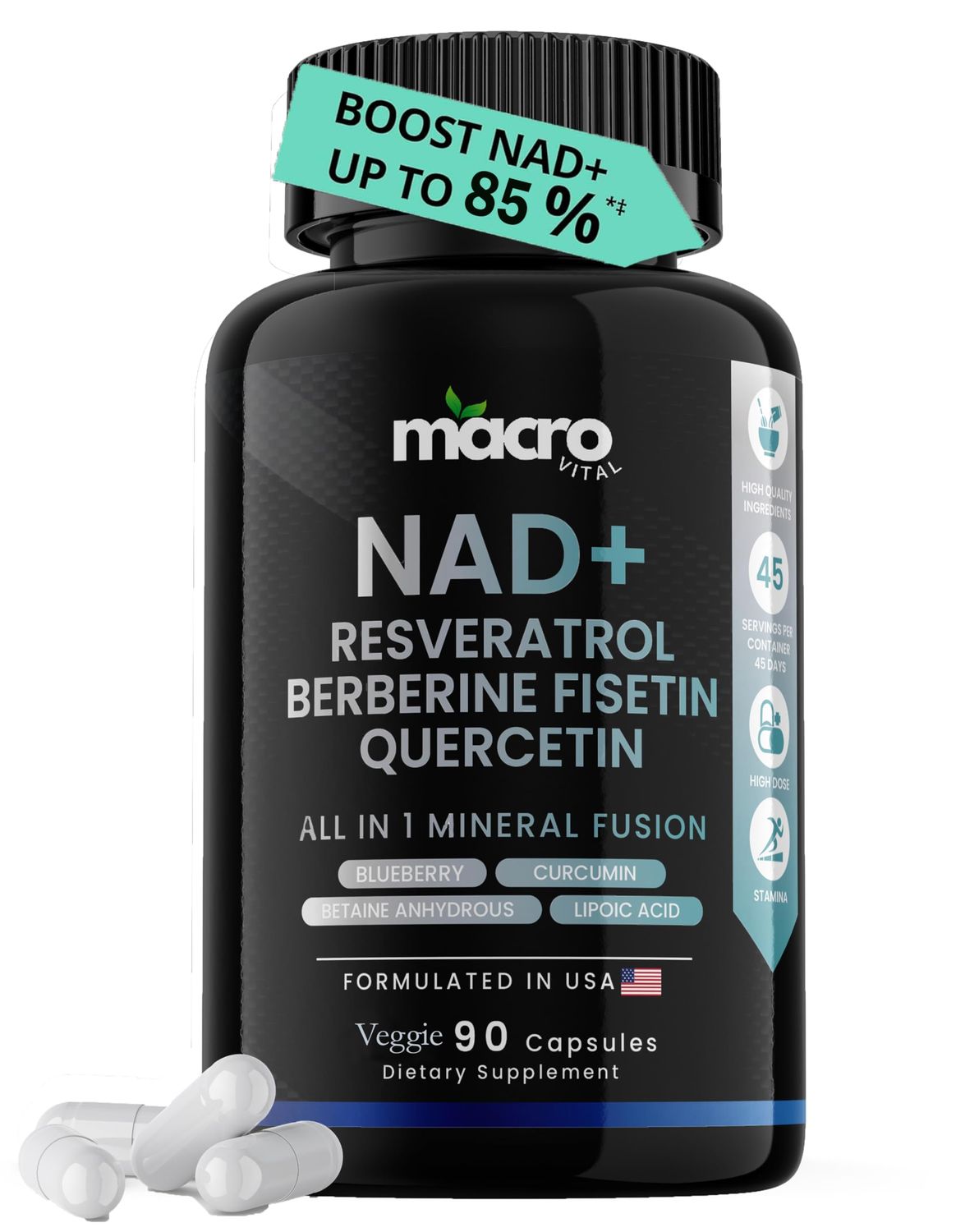 9,355mg NAD Supplement, Boost NAD up to 85 with Liposomal NAD, Trans Resveratrol,Optimized Aging Quercetin, Berberine, Betaine Anhydrous, Fisetin,Resveratrol Supplement with Berberine 90 Capsules.