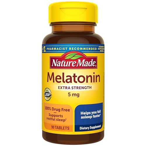 Nature Made Melatonin 5mg Tablets Extra Strength, 100 Drug Free Sleep Aid for Adults, 90 Tablets, 90 Day Supply