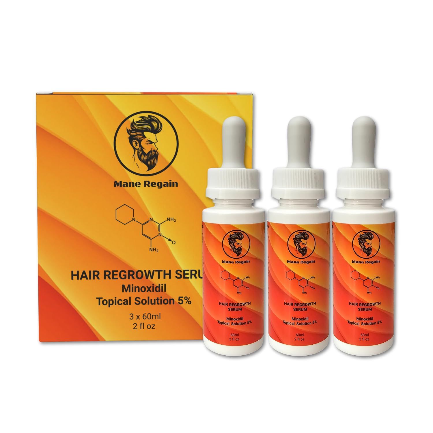 Mane Regain - Minoxidil Topical Solution USP 5, Extra Strength Hair Regrowth Treatment for Men, 3 Month Supply, Unscented, 6 Fl Oz 3 Pack