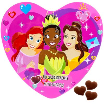 Disney Princesses Valentine s Candy Heart Tin, Vday Gift Exchange with Milk Chocolates Inside, 2.54 Ounce Container