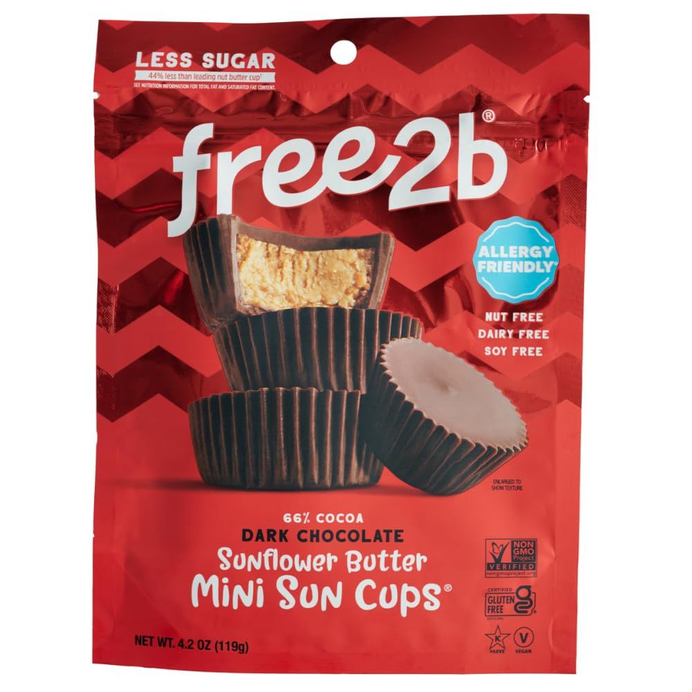 Free2b Sunflower Butter Mini Sun Cups, Safe for School and Allergy Friendly - Gluten-Free, Dairy-Free, Nut-Free, and Soy-Free - Dark Chocolate, 4.2 oz Resealable Bag Pack of 6