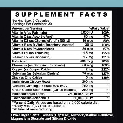 Angry Supplements Garcinia Cambogia with Probiotics, Gut Health Multivitamin w. Vitamins A, C, D, E, K, B2, Zinc, Selenium, Copper, Chromium Herbal Blend Capsules 1-Bottle, 60ct