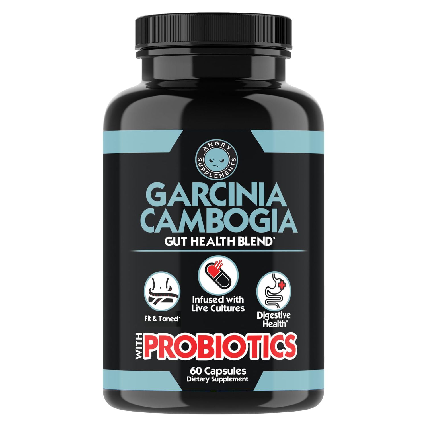 Angry Supplements Garcinia Cambogia with Probiotics, Gut Health Multivitamin w. Vitamins A, C, D, E, K, B2, Zinc, Selenium, Copper, Chromium Herbal Blend Capsules 1-Bottle, 60ct