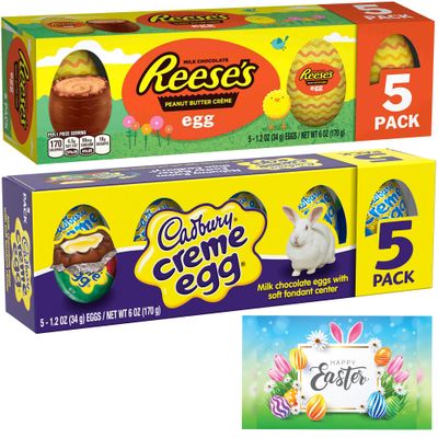 Easter Eggs 5 Cadbury Creme Milk Chocolate Eggs 5 Reese s Peanut Butter Eggs Happy Easter Tag Card Gift Boxed, Easter Hunt, Basket Stuffer Filler, Party Decor 10 Eggs