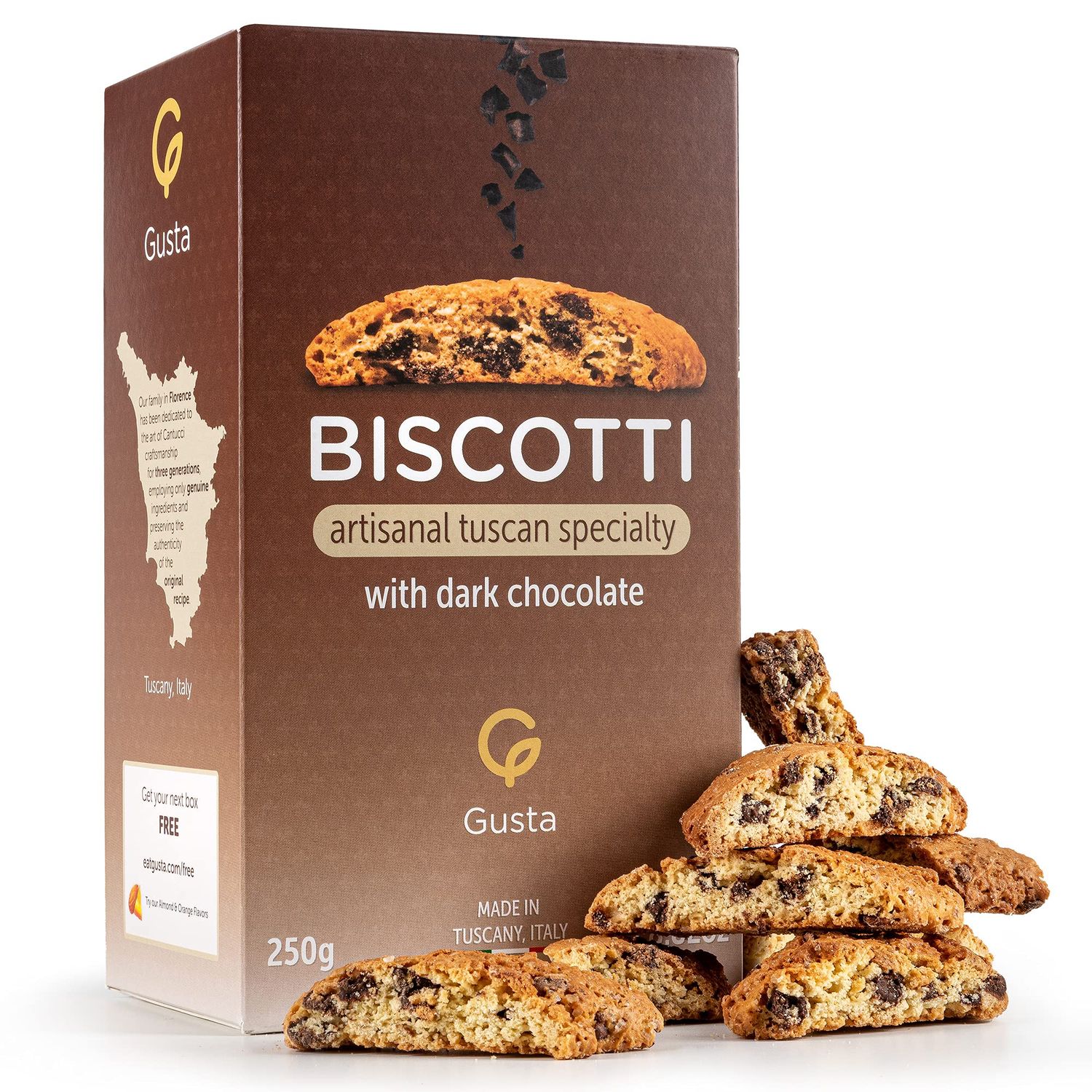 Gusta Authentic Biscotti Cookies Made in Tuscany, Italy - Chocolate Chip - Original Two Bites Size - All Natural Ingredients - Fresh Genuine Italian Dessert Treats - 8.82oz